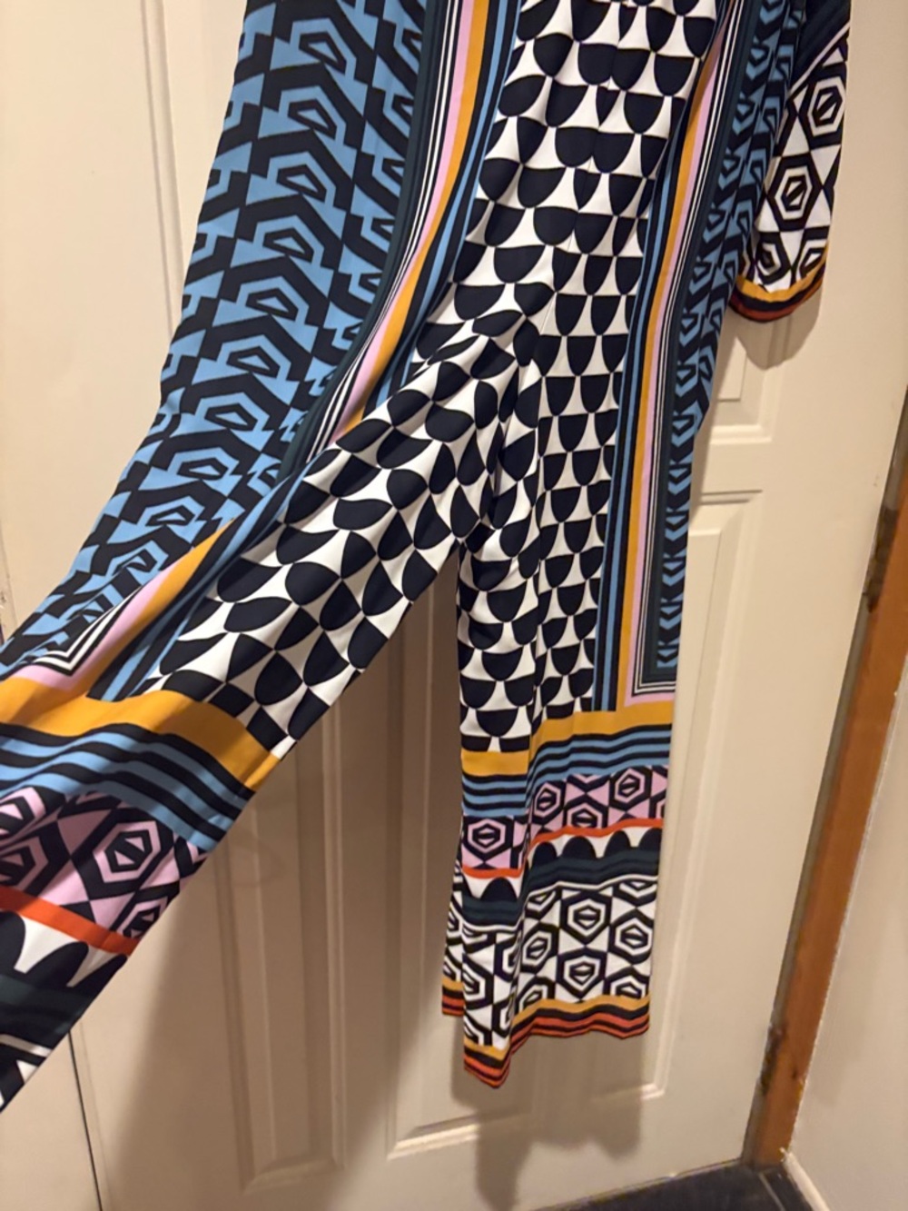 BCBG Geometric Print Wide-Leg Jumpsuit in Blue and White